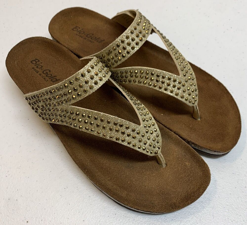 Bio-Gold Italian Wedge Sandals Womens 9 Gold Strappy Rhinestones Glitter Slip On
